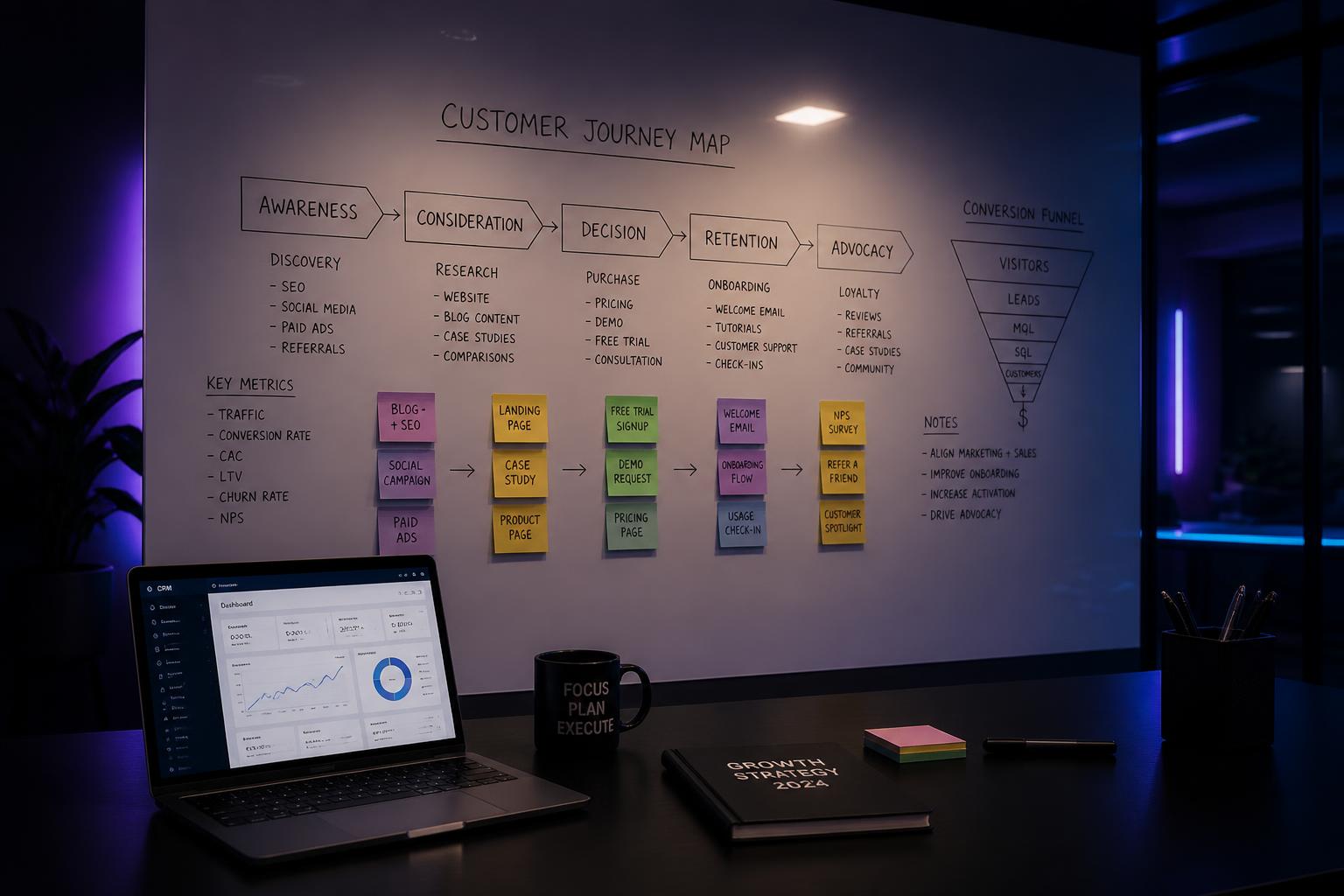 Customer journey map, sticky notes, and CRM dashboard for a tech BuildOut session